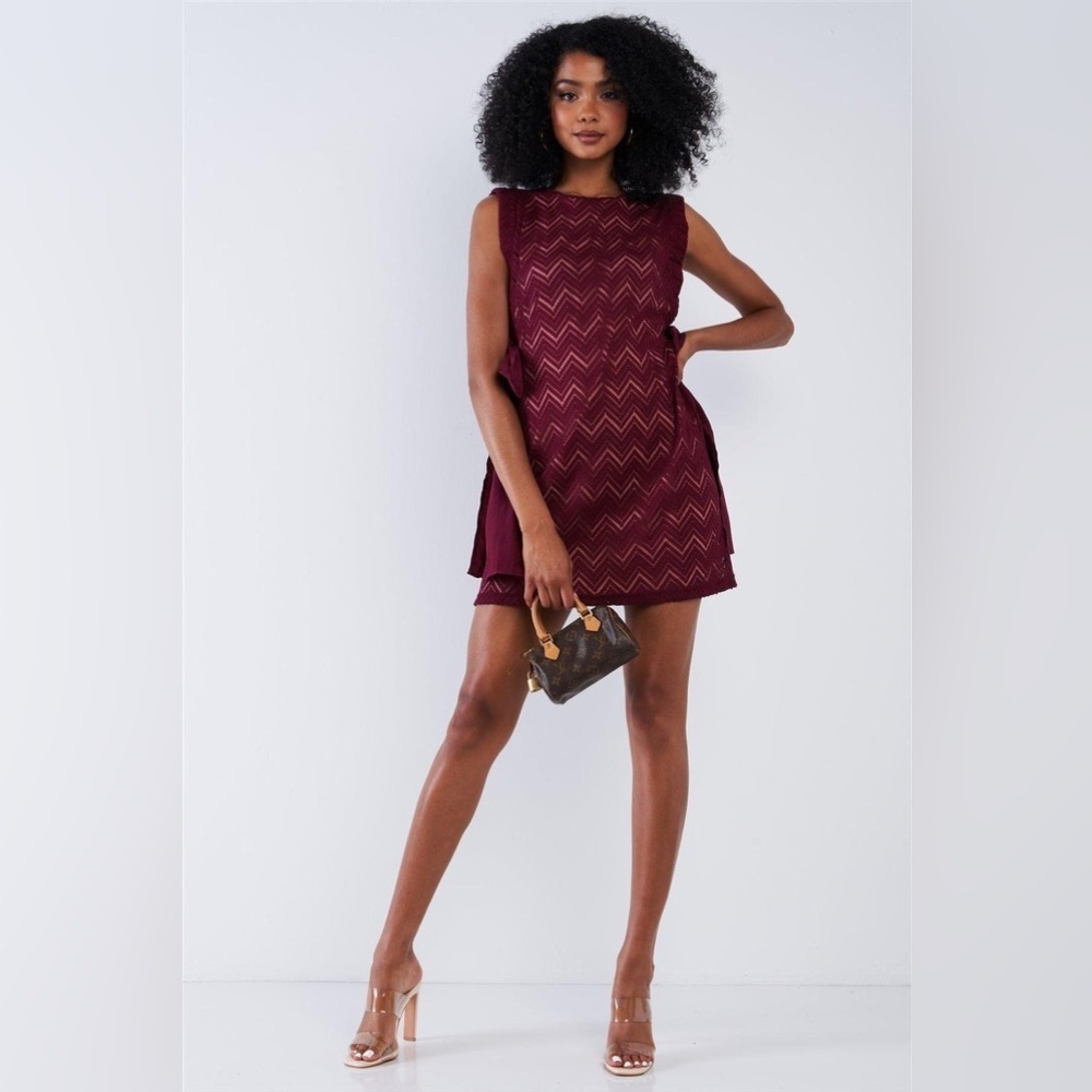 NWT-Wine Crochet Sleeveless  Lined Mini Dress W/ Ribbon Draw String Tie